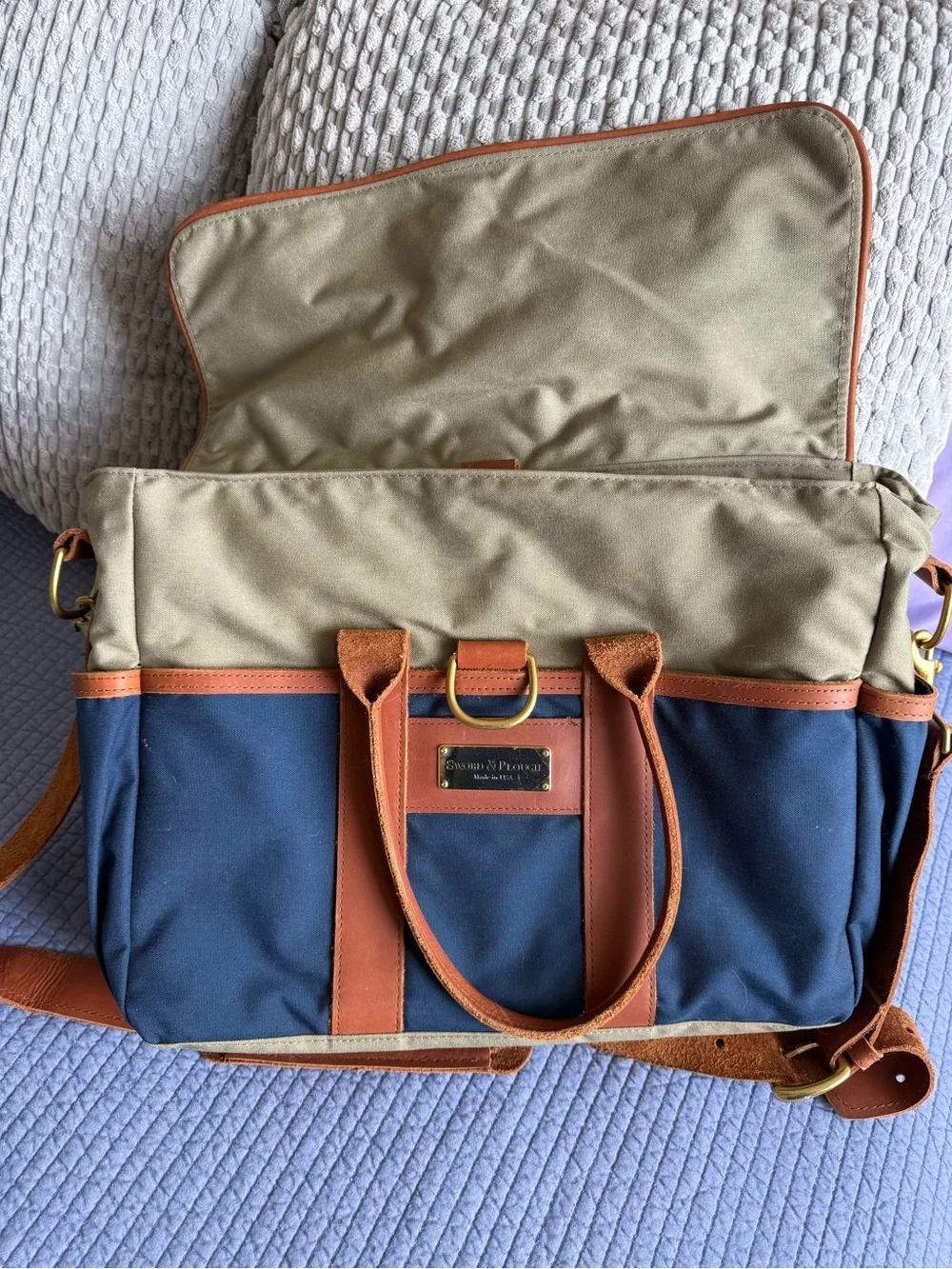 Sword & Plough USA Canvas & Leather Briefcase Messenger Bag Blue Tan